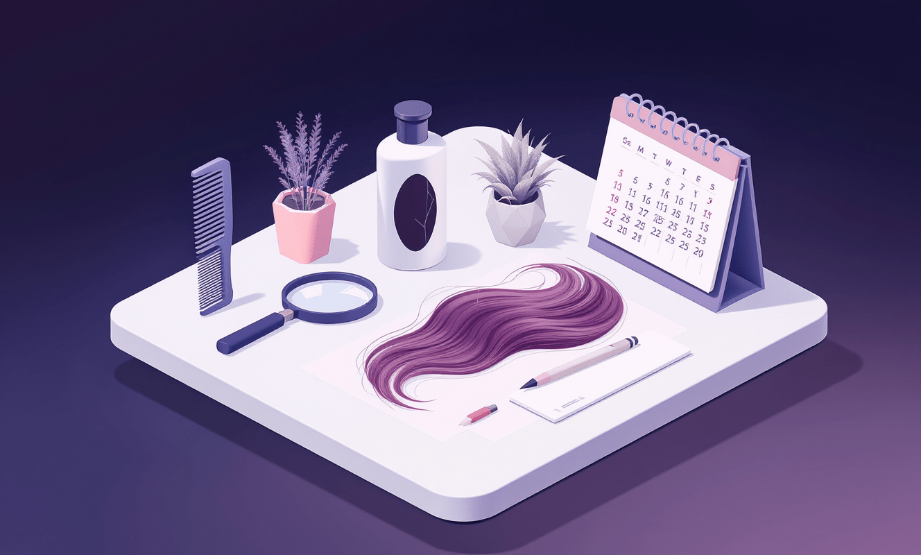 Como fazer o cabelo parar de cair entendendo a queda de cabelo 13 Mesa de escritório moderna com pente, shampoo, lupa, fios de cabelo e calendário, tema queda de cabelo e como fazer o cabelo parar de cair.
