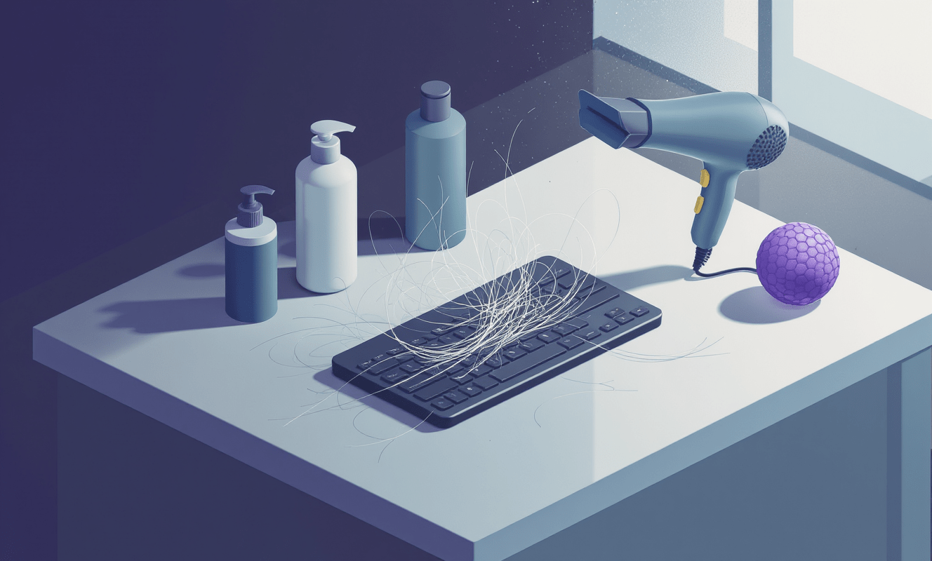 Como fazer o cabelo parar de cair entendendo a queda de cabelo 15 Queda de cabelo: fios espalhados no teclado, shampoo, secador e bola antiestresse em mesa de escritório moderna