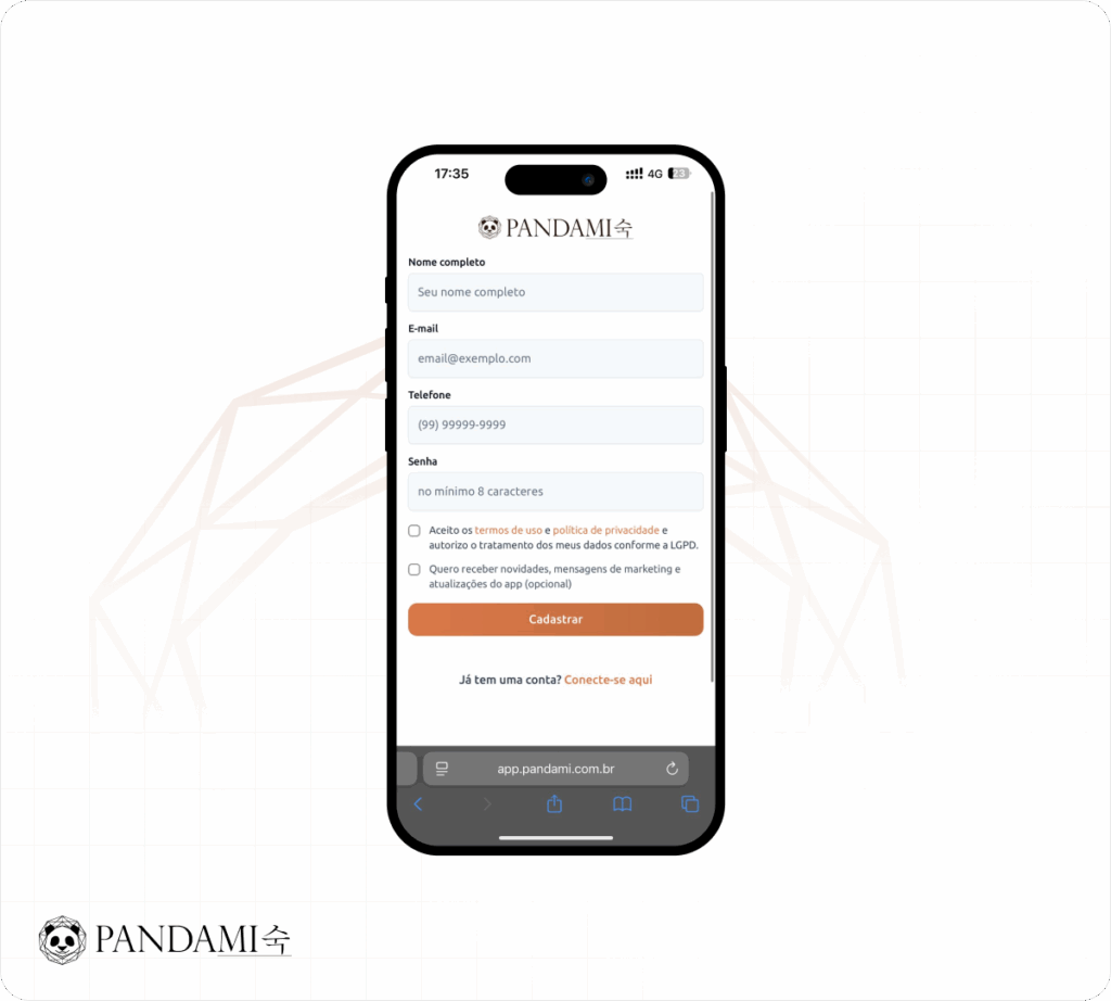 Tela de cadastro do app pandami