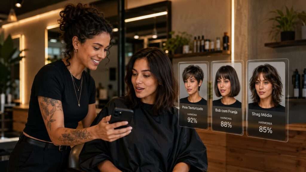 Cabeleireira utiliza o app pandami para mostrar simulação de corte de cabelo ideal no celular para cliente no salão.