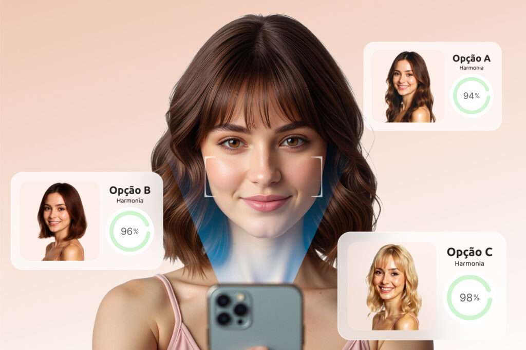 Mulher fazendo análise facial com IA de visagismo pandami