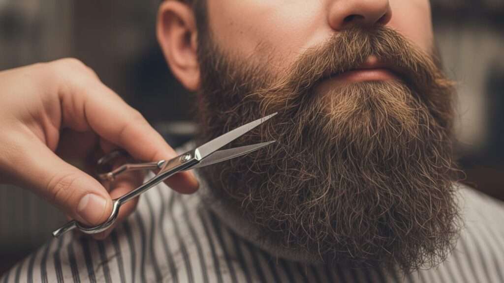 Barbeiro usando uma tesoura para fazer o visagismo de barba 