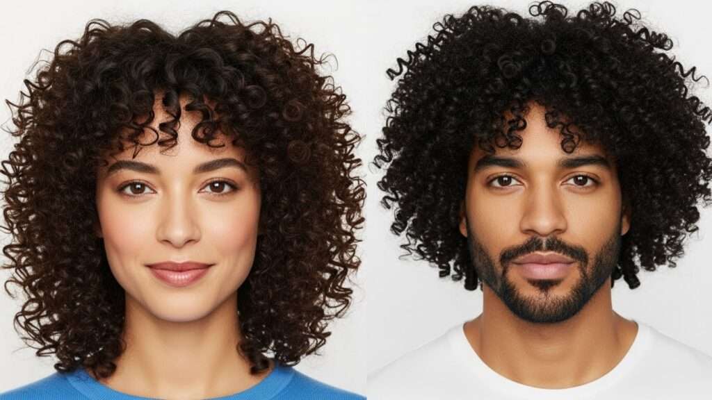 Homem e mulher com o cabelo cacheado