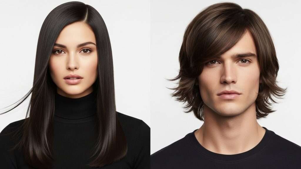 Homem e mulher com o cabelo liso