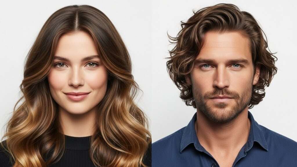Homem e mulher com o cabelo ondulado
