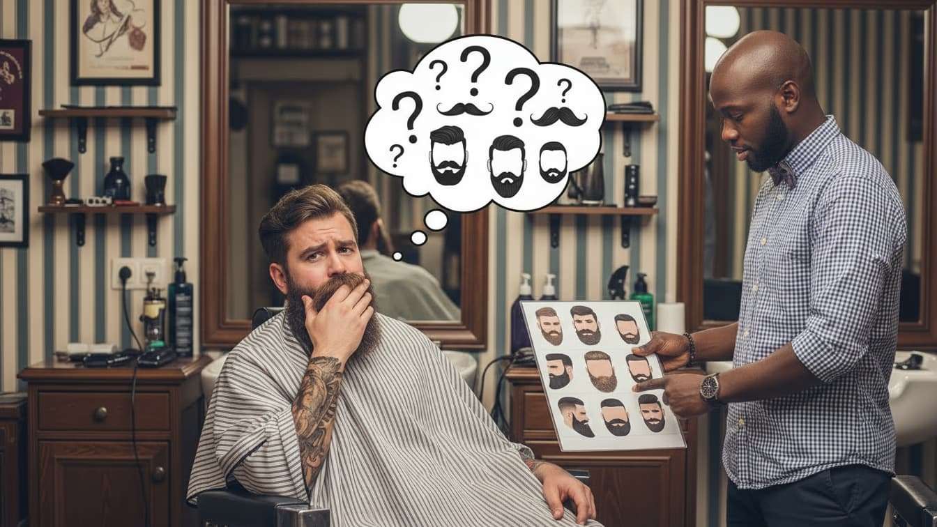 Homem pensando em qual formato escolher para o visagismo de barba