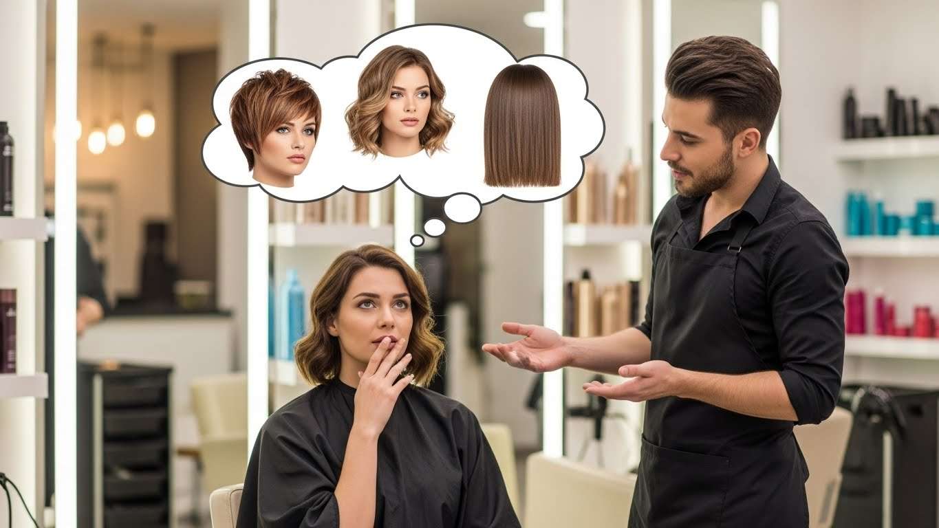 Mulher consultando cabeleireiro sobre cortes de cabelo adequados ao formato do rosto