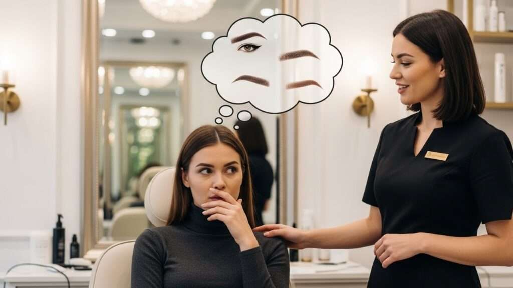 Mulher com dúvida sobre como vai ficar o visagismo de sobrancelha