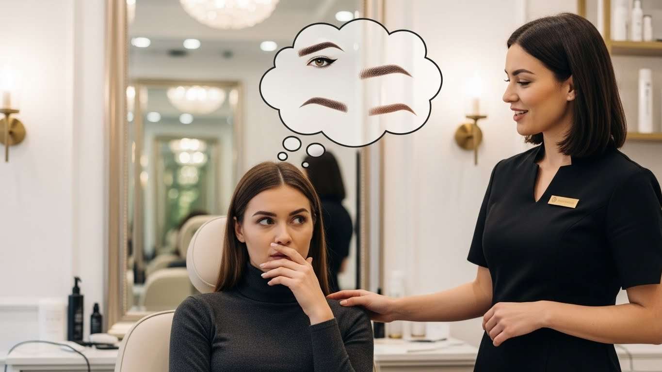 Mulher com dúvida sobre como vai ficar o visagismo de sobrancelha