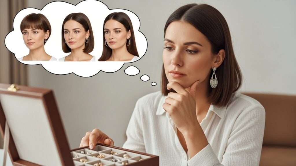 Mulher pensando em como fazer o visagismo auricular