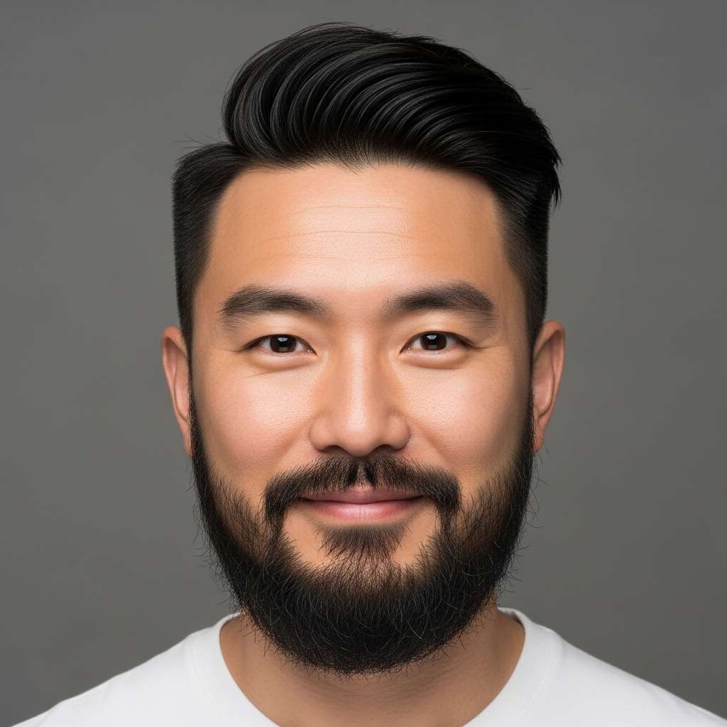 Homem com visagismo de barba, para formato de rosto oblongo