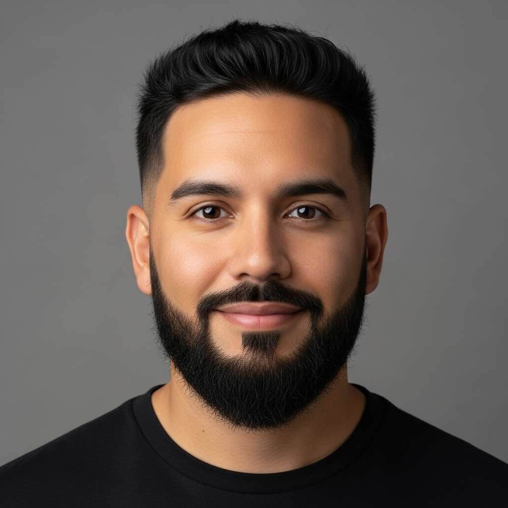 Homem com visagismo de barba, para formato de rosto redondo