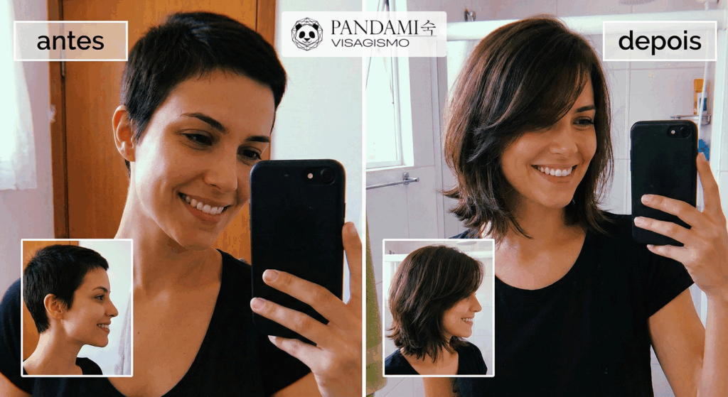 Pandami Visagismo Antes e Depois para Rosto Diamante Feminino