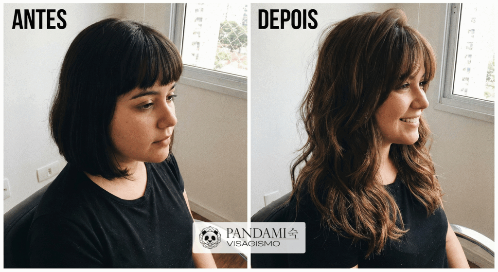 Visagismo Feminino Antes e Depois em Rosto Redondo
