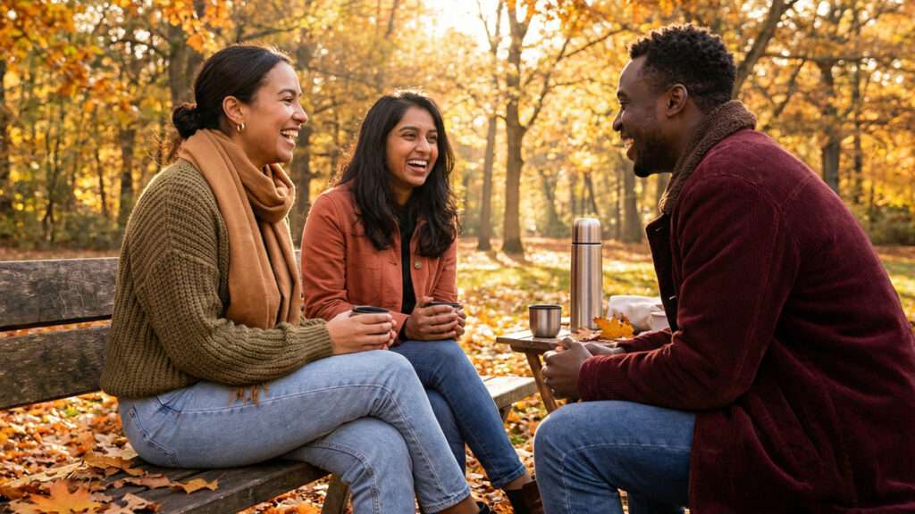 Pessoas usando roupas de acordo a cor da paleta de outono