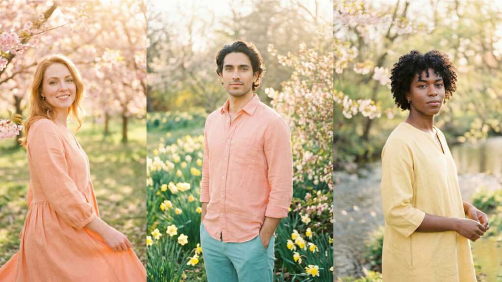 Pessoas usando roupas de acordo a cor da paleta primavera