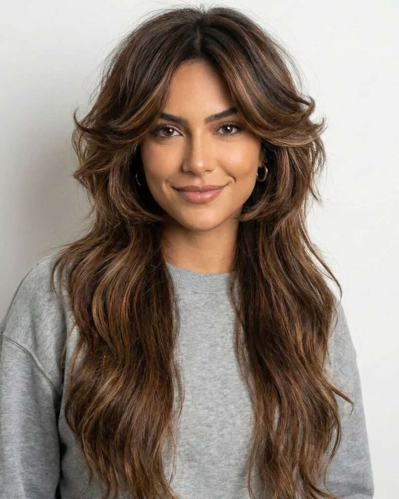 Mulher brasileira com cabelo longo e corte de cabelo butterfly cut