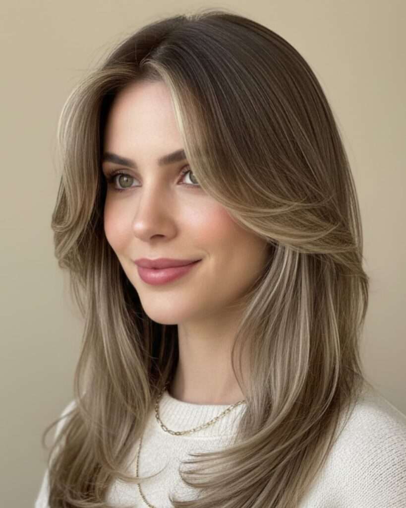 Mulher com corte de cabelo longo com face frame