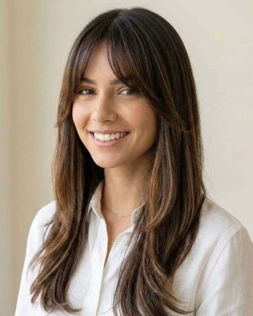 Mulher parda com cabelo longo e com franja cortina