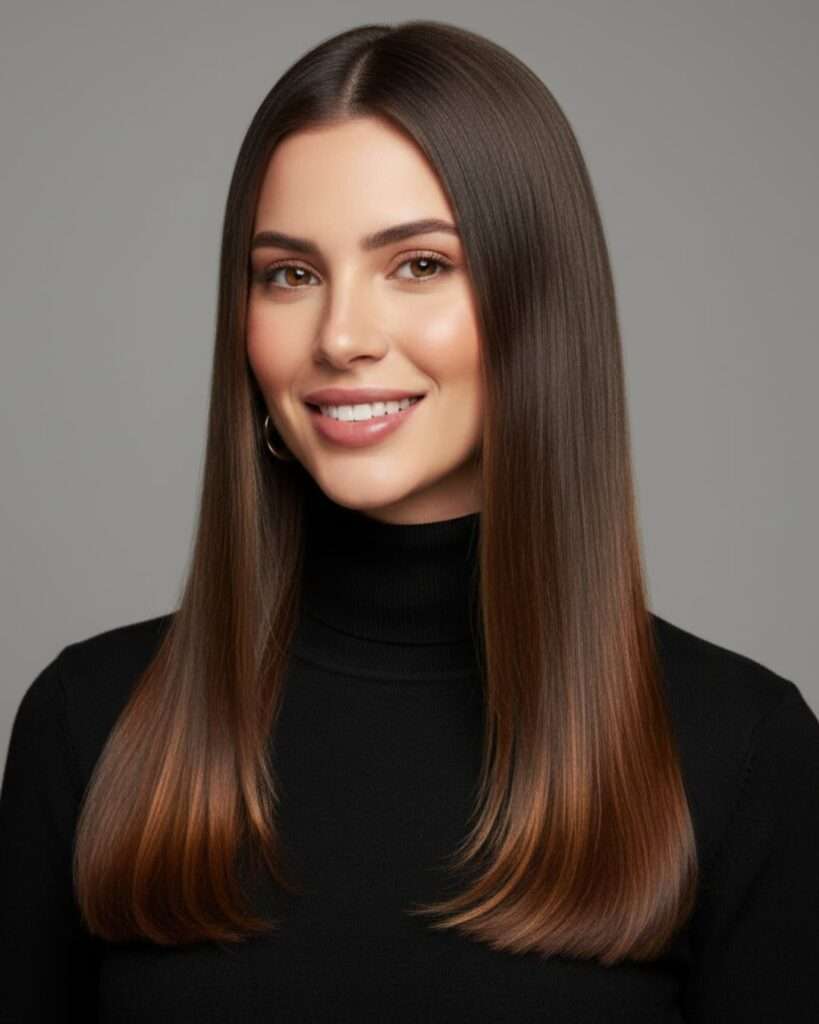 Mulher com corte de cabelo de rica na cor castanho