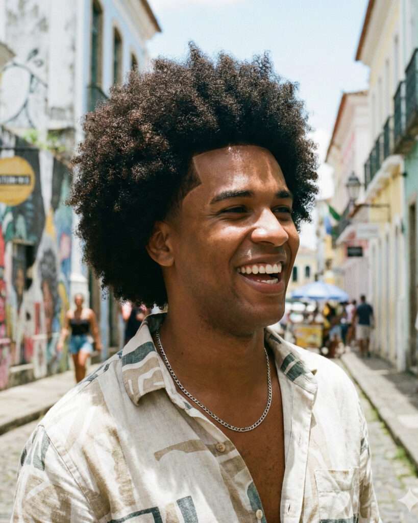 Homem brasileiro com o tipo de cabelo cacheado solto (4A-4C)