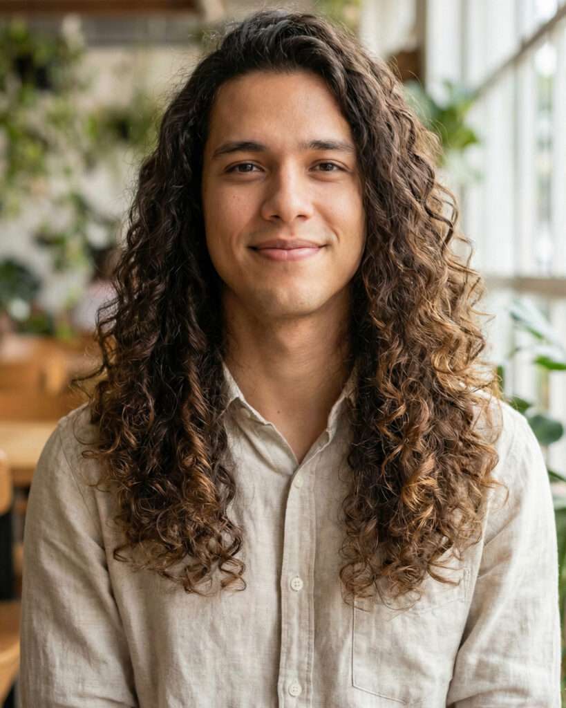 homem com corte de cabelo masculino com cachos longos e camadas