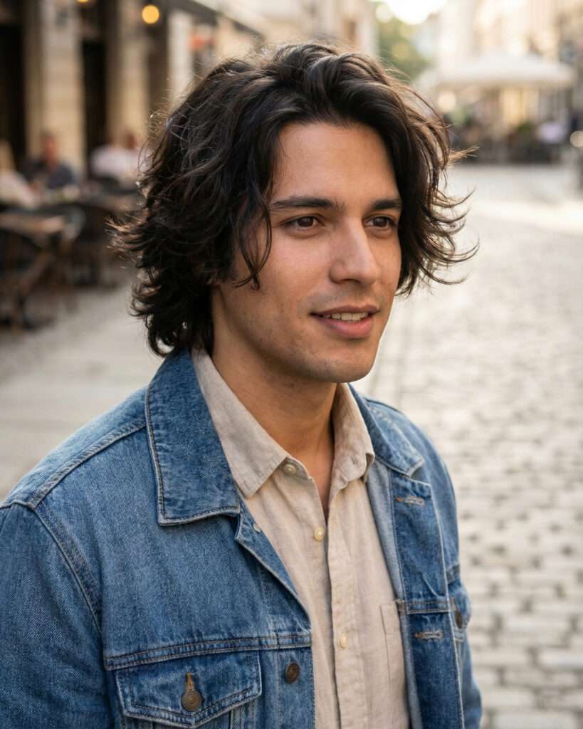 Homem com corte masculino cabelo moderno com camadas que está em alta em 2026