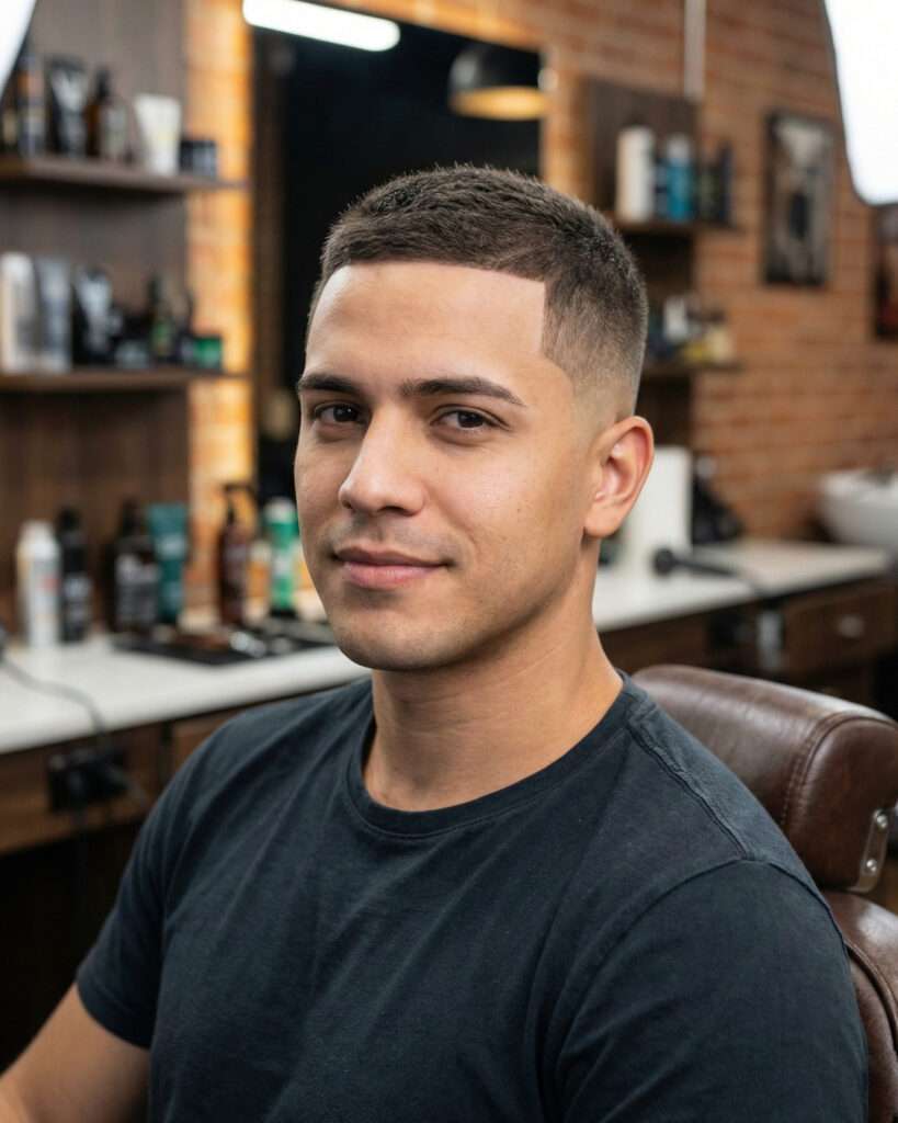 Homem com corte masculino buzz cut moderno que está em alta em 2026