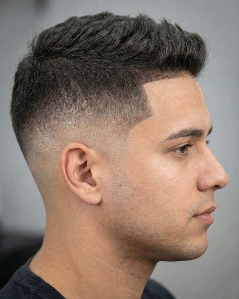 Homem com corte de cabelo degradê mid fade