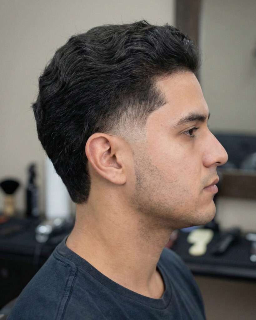 Homem com corte de cabelo degradê temple fade