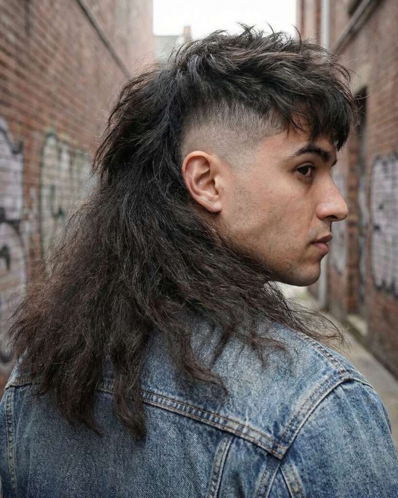 homem com corte que está fora de moda, mullet exagerado
