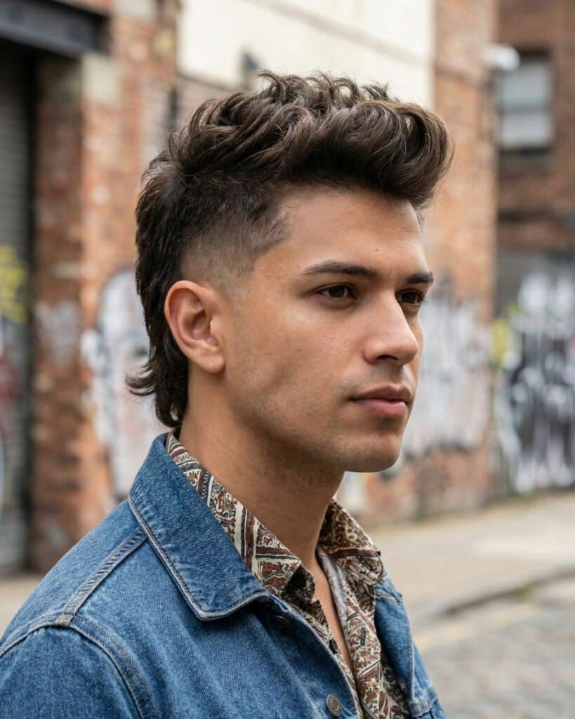 Homem com corte masculino mullet moderno que está em alta em 2026