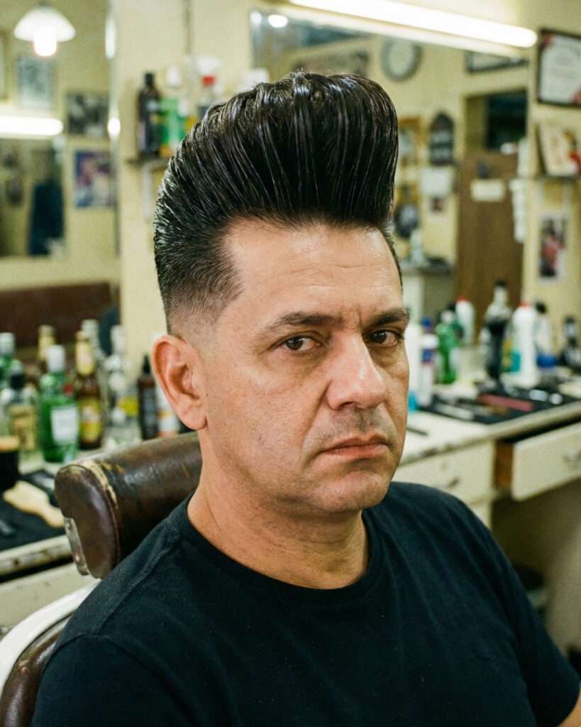 homem com corte que está fora de moda, topete alto