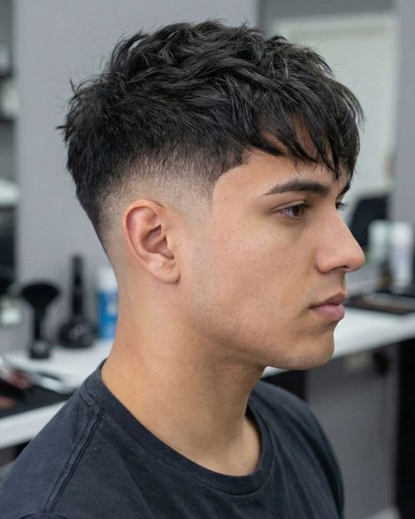 Homem com corte de cabelo degradê com franja