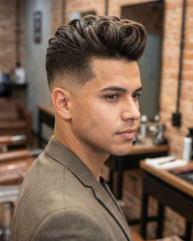 Homem com corte de cabelo degradê com topete