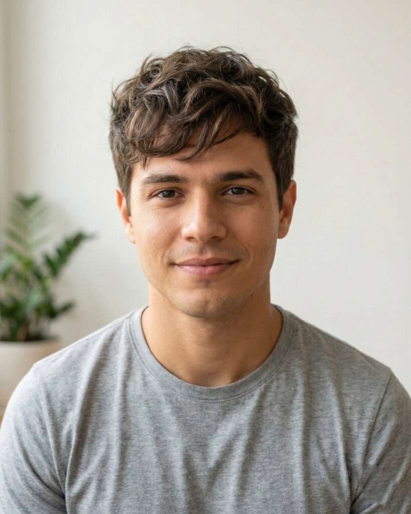 Homem com corte masculino texturizado com franja que está em alta em 2026