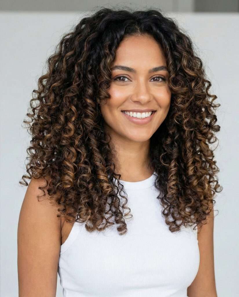Uma mulher com cabelo longo cacheado