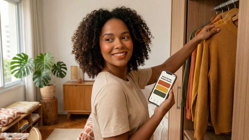 Mulher usando sua cartela de cores para escolher a roupa que combina com ela