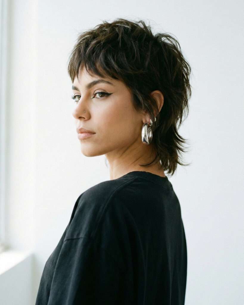 Corte bixie castanho escuro com camadas texturizadas e volume na nuca