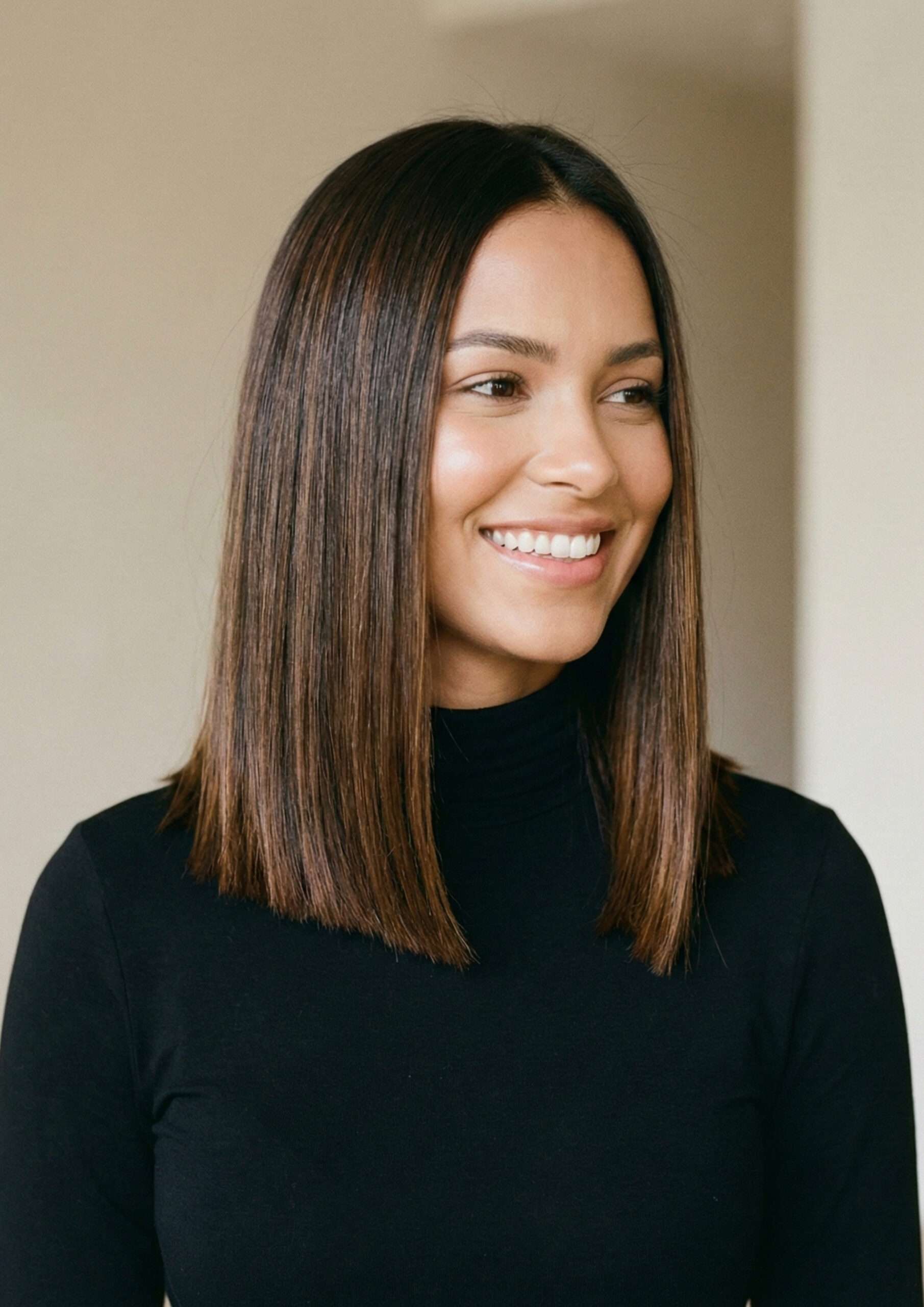 Mulher com cabelo castanho chocolate com blunt cut longo, vista de lado