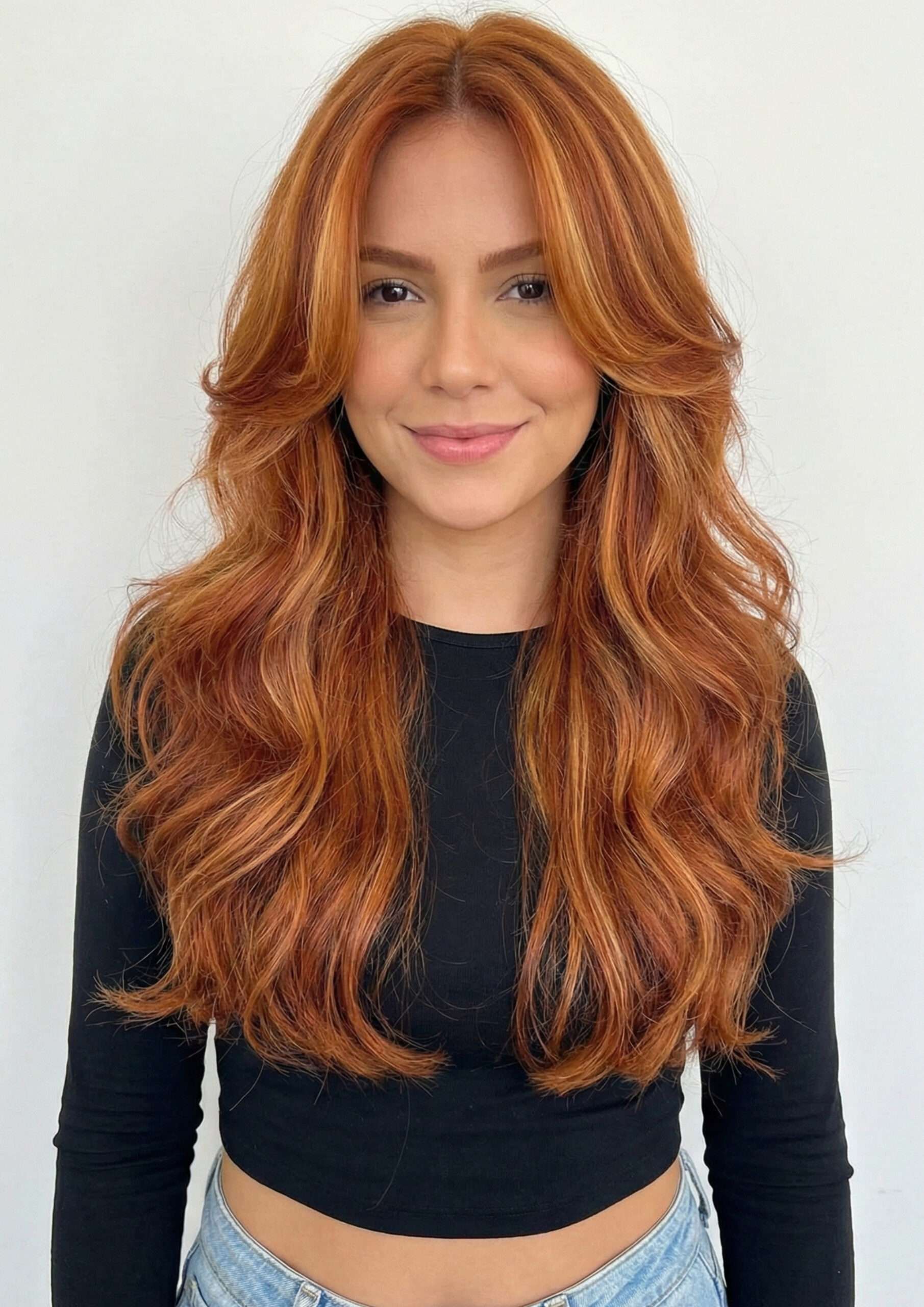Mulher ruiva com corte de cabelo butterfly longo