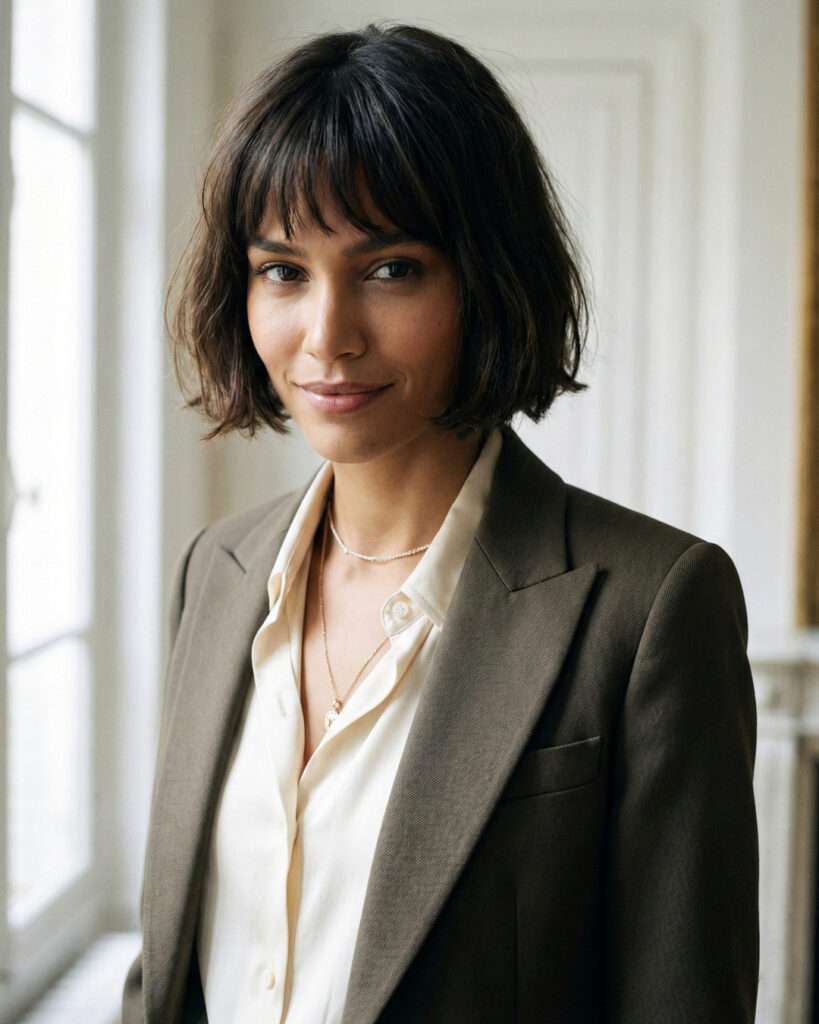 French bob castanho reto com franja reta na altura do queixo