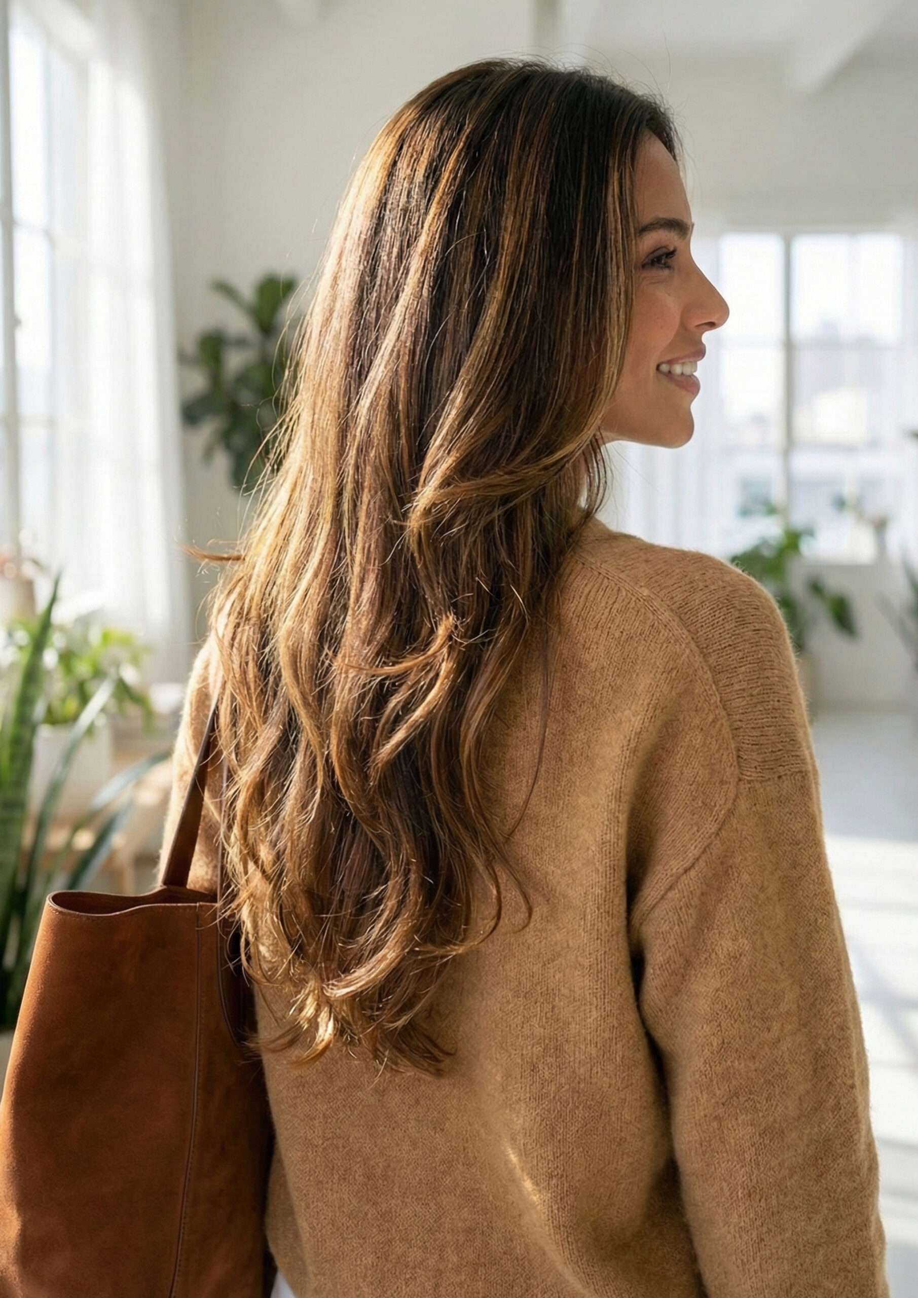 Mulher com corte de cabelo longo com camadas sutis, vista de lado