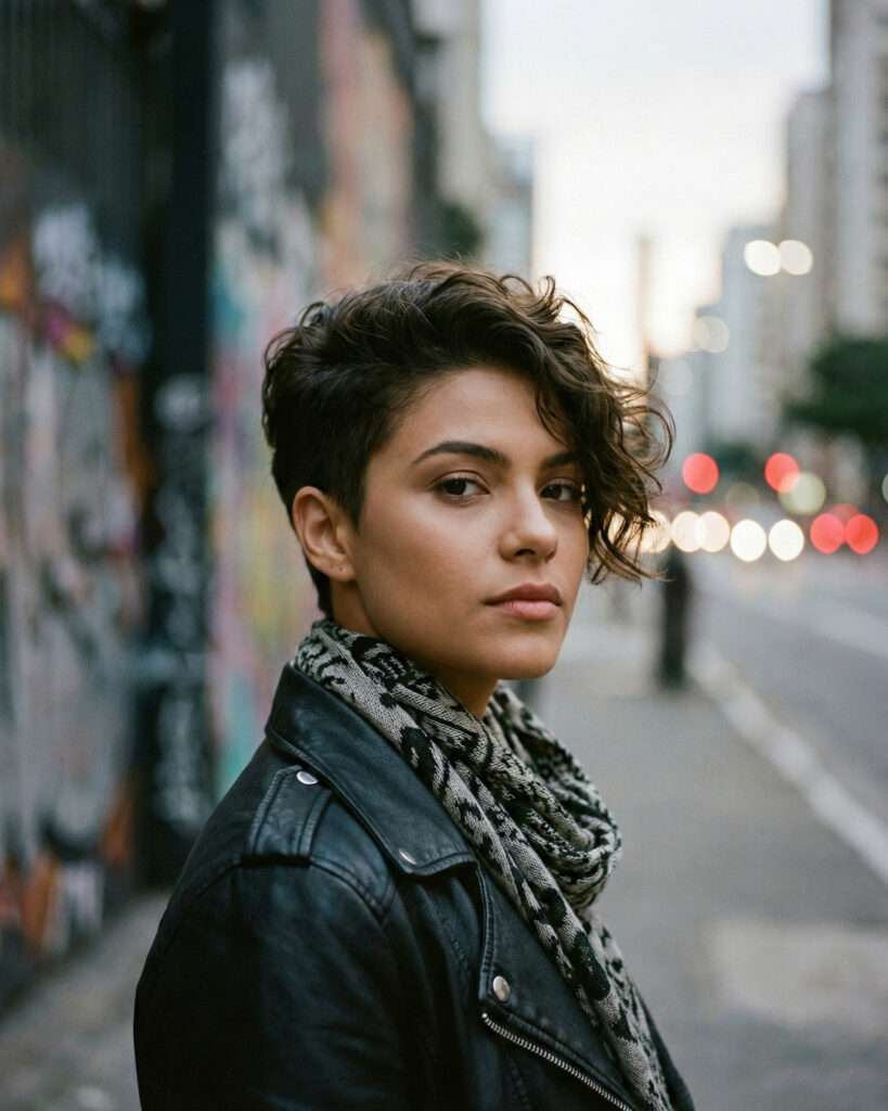 Pixie cut moderno castanho ondulado com franja assimétrica e volume