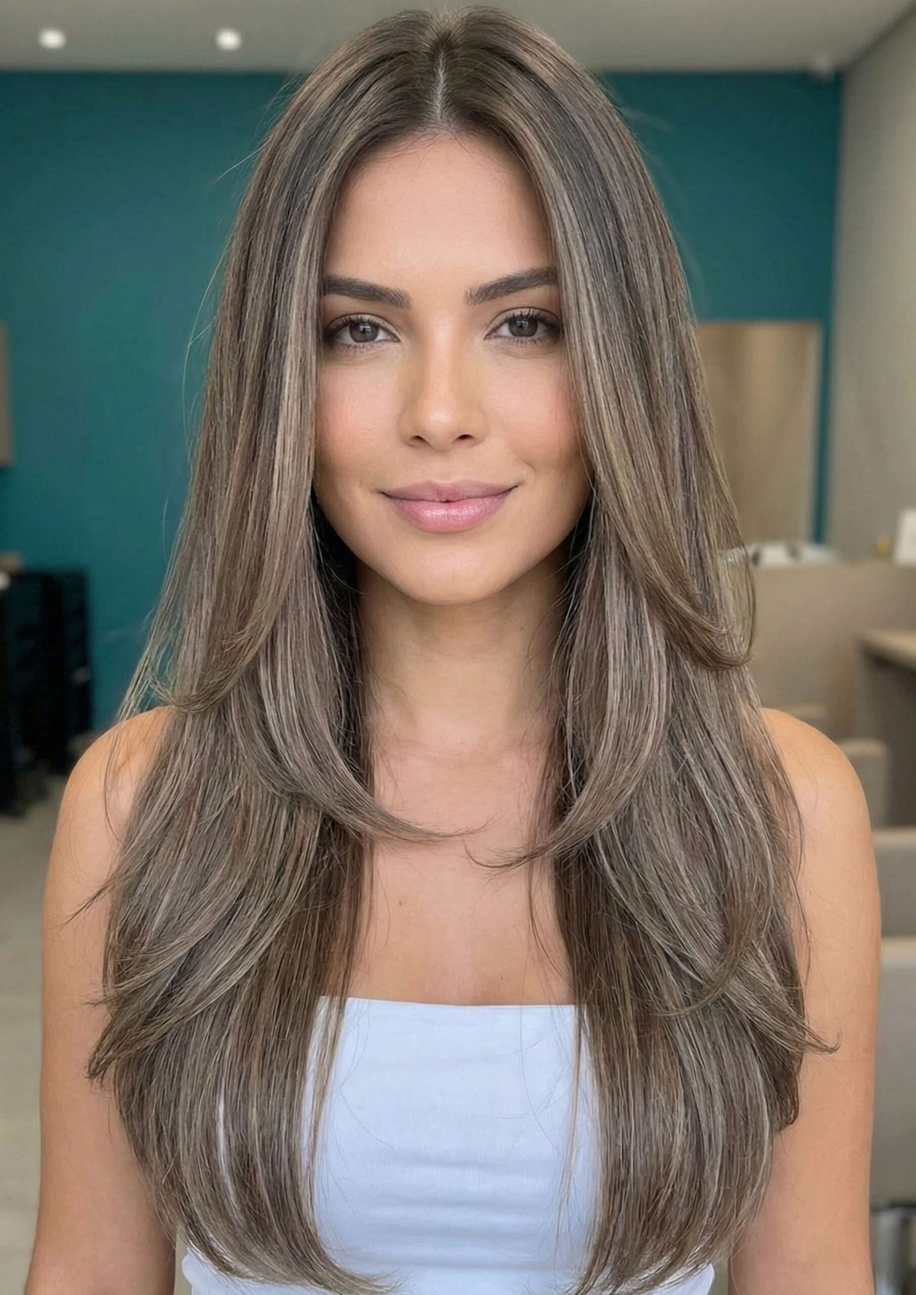 Mulher com corte de cabelo longo repicado 