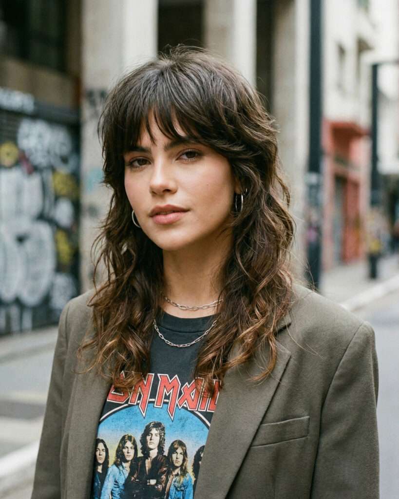 Shaggy bob ondulado castanho com franja cortina.