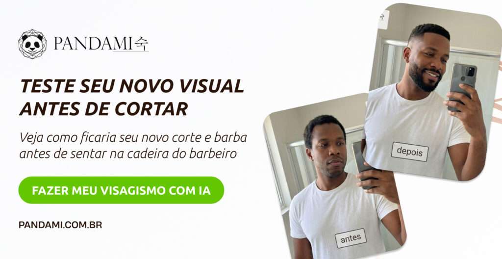 Homem com cabelo cacheado antes e depois de fazer o visagismo com IA da Pandami