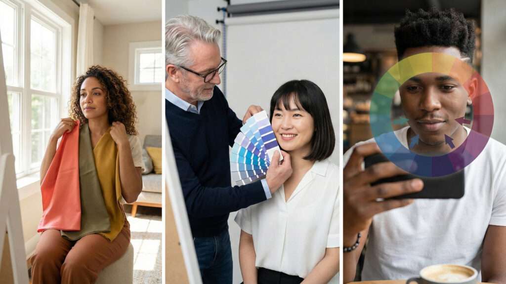 Pessoas usando métodos de colorimetria normal e colorimetria com IA para descobrir a paleta de cores